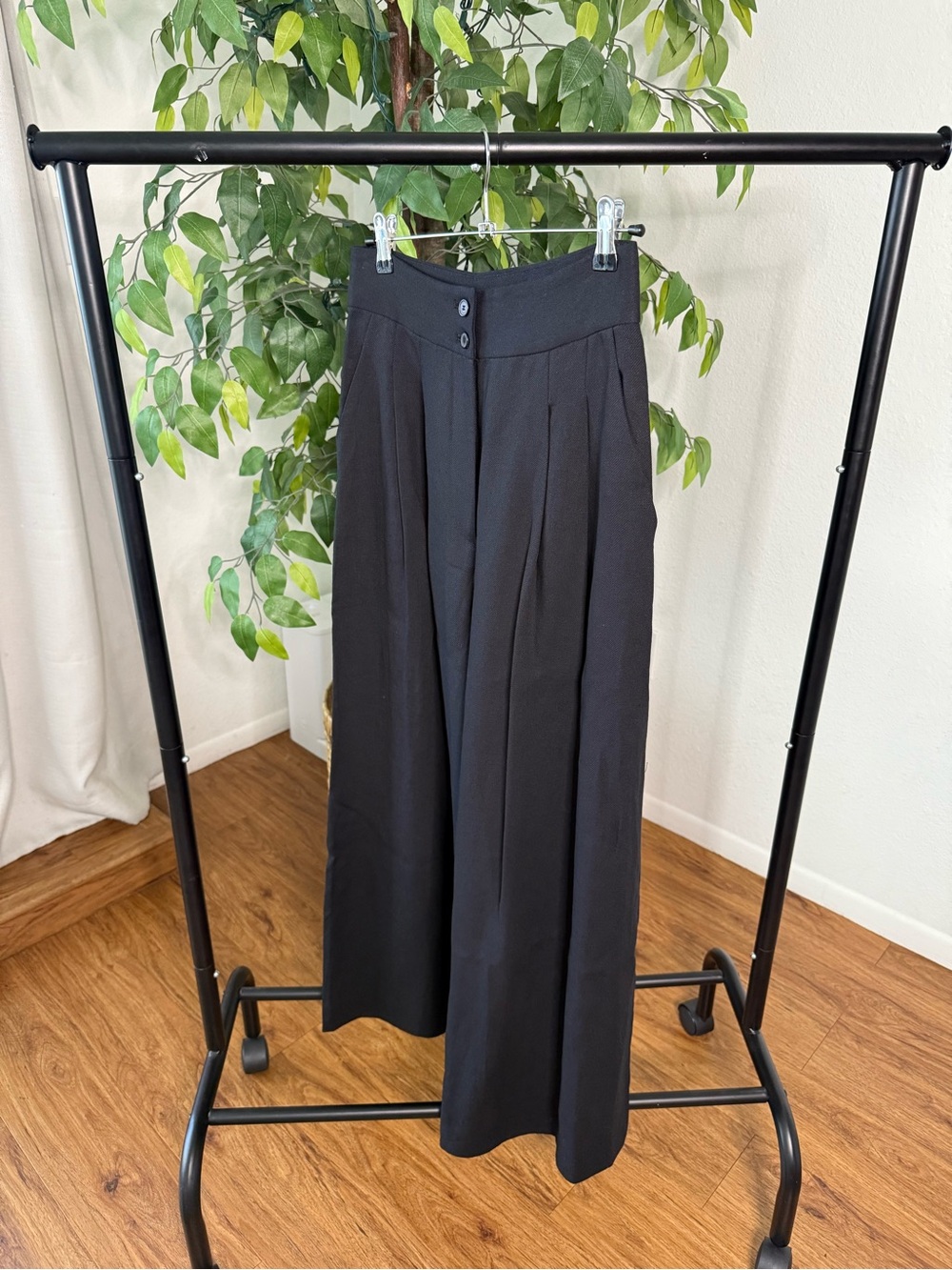 ZARA Black High Waisted Pleated Wide Leg Pants Size XS Linen Blend